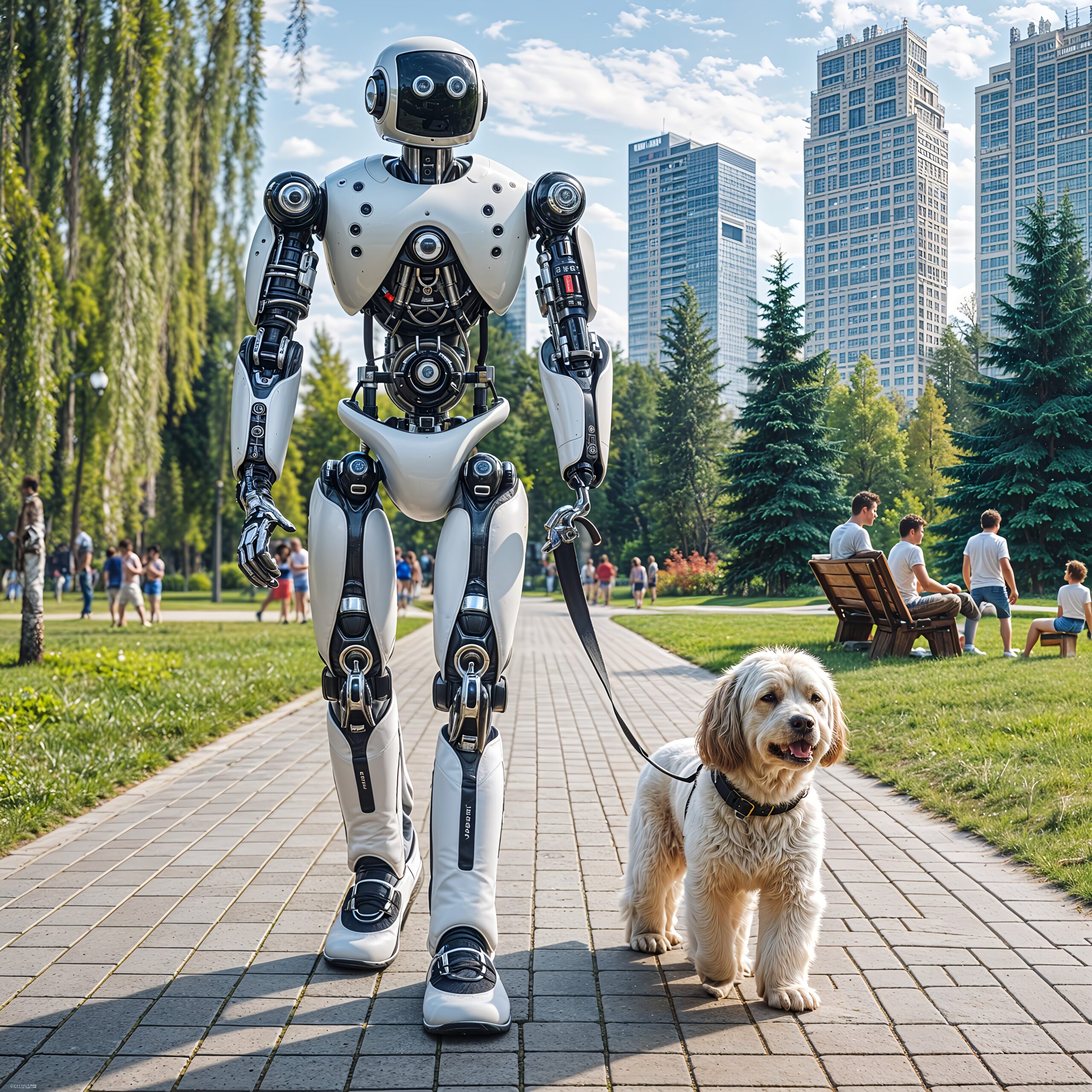Robot walking a dog, representing how AI influences modern dog‑training and behavior education.