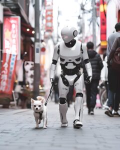 Robot walking a dog, symbolizing how AI is influencing the future of dog training.