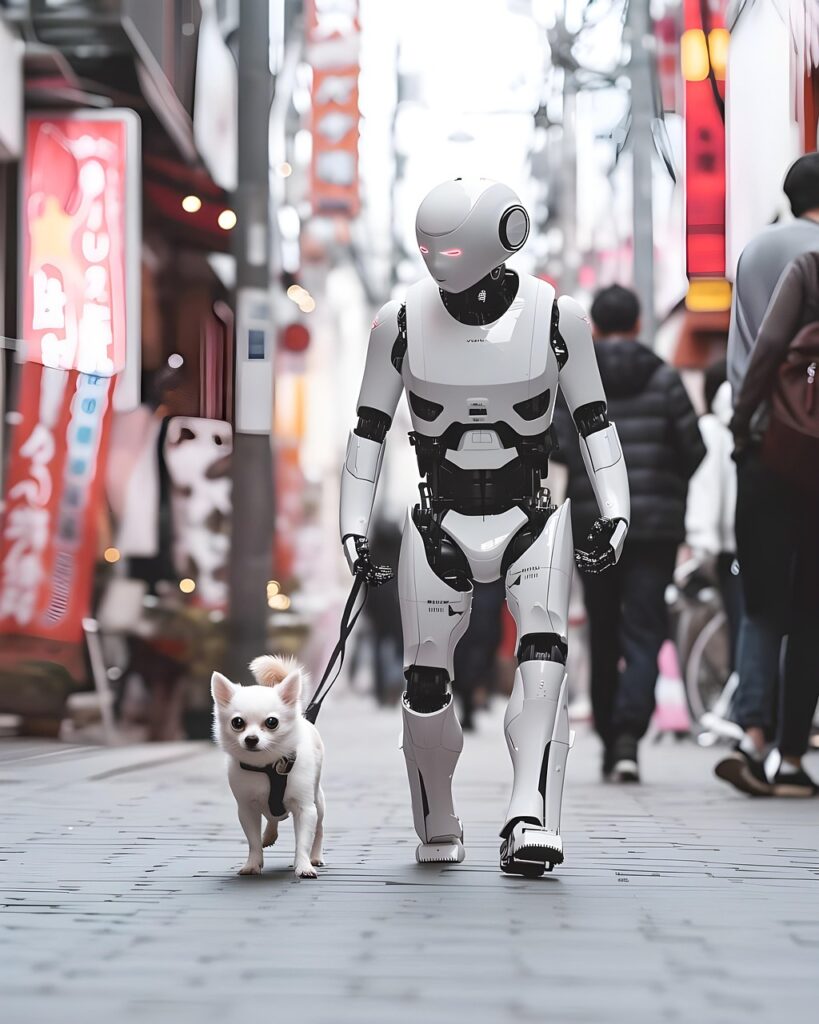 Robot walking a dog, symbolizing how AI is influencing the future of dog training.